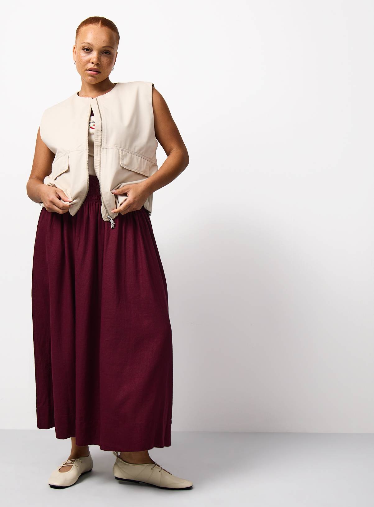 Dark Red Linen Rich Shirred Waist Midaxi Skirt 16 - Image 2